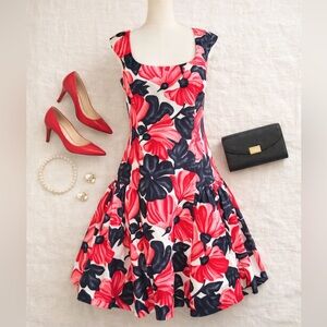 Milly Floral Fit & Flare Dress Pink Black Cotton Made in USA Italian Fabric